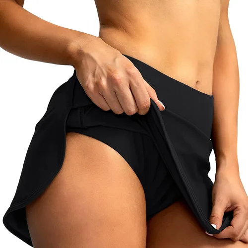 Vista 5 de Falda de natación para mujer con pantalones cortos integrados de cintura alta, falda de traje de baño deportivo para yoga, falda de traje de baño