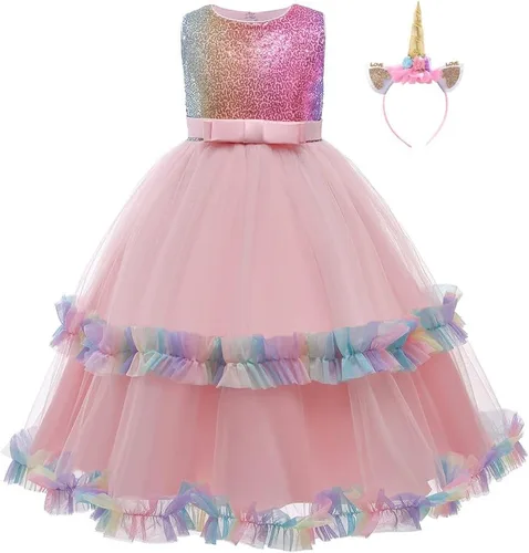 Vista 5 de Disfraz de unicornio para niñas, vestido largo de tul con diadema, fiesta de cumpleaños, carnaval, cosplay