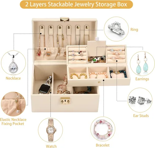 Vista 7 de CHFONG Joyero de 2 capas de piel sintética soporte de joyería portátil de viaje extraíble para collares aretes anillos pulseras joyeros organizador