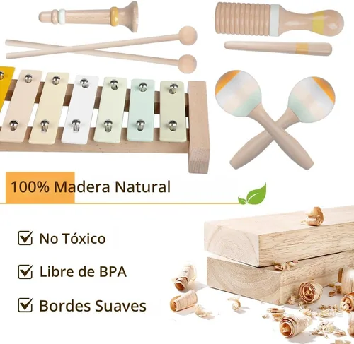 Vista 5 de Instrumentos musicales para bebés, juguetes Montessori de madera para niños pequeños de 1 a 3 años, colores neutros, juego de instrumentos