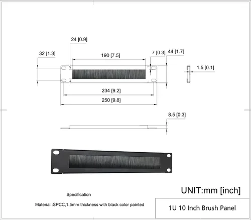 Vista 3 de Mini panel de gestión de cables de 1U de 10 pulgadas con tira de cepillo para entrada de cables en rack de servidores de 10 pulgadas, gabinete