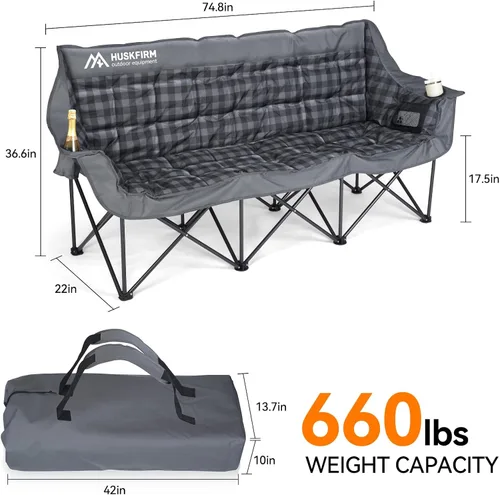 Vista 3 de Huskfirm Silla de camping acolchada para 3 personas, silla de camping plegable, silla de campamento doble portátil, silla de campamento resistente