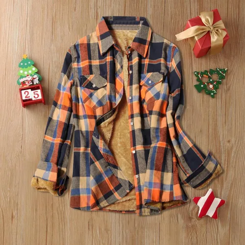 Vista 2 de WOCACHI Abrigo con forro polar para mujer, talla grande, con botones, a cuadros, para invierno, con solapa, con bolsillos
