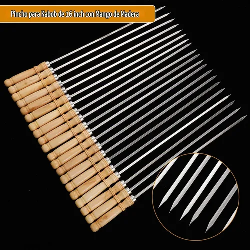 Vista 5 de Minatee Brocheta de 16 pulgadas con mango de madera para barbacoa, camping, utensilios de cocina, fogata, parrilla, cocina, acero inoxidable