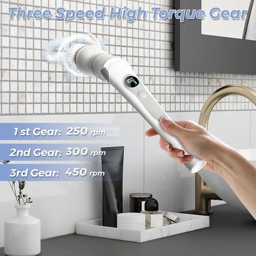 Vista 4 de Joyzan Limpiador eléctrico giratorio, cepillo de ducha de limpieza inalámbrico, 8 cabezales limpiadores, pantalla LCD, mango de extensión ajustable