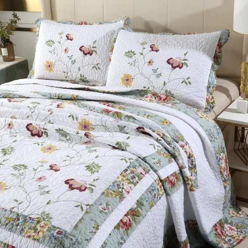 Vista 2 de vctops Juego de edredón bordado de algodón floral de 3 piezas, elegante, reversible, ligero, suave, con 2 fundas de almohada