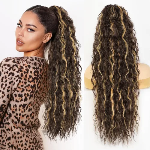 Vista 25 de Extensión de cola de caballo con cordón, extensión de cola de caballo larga y rizada para mujeres negras, extensiones de cabello negro de 26