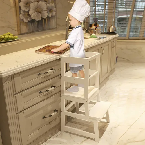 Vista 12 de Taburete de cocina para niños pequeños con alfombrilla antideslizante, Taburete de aprendizaje Montessori de madera para niños de Wood City, Torre
