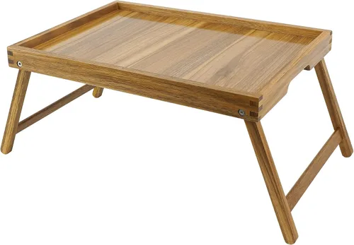 Vista 10 de VaeFae Bandeja de mesa de cama de acacia, bandeja de desayuno de madera con patas plegables, bandeja de cama para comer y computadora portátil