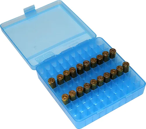 Vista 4 de MTM Caja para munición con tapa abatible de 100 balas, 40/45/10 mm, calibre (Azul claro)