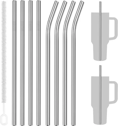 Vista 14 de Tomorotec Juego de 14 popotes de acero inoxidable de 11 pulgadas y 2 cepillos de limpieza con diseños curvos y rectos, compatible con vasos Stanley