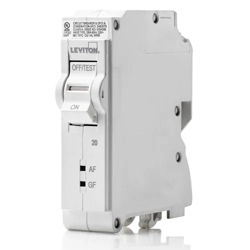 Vista 2 de Leviton 20A 1-Pole Plug-On AFCI/GFCI Branch Circuit Breaker, hidráulico magnético, 120 VAC, LB120-DF, blanco