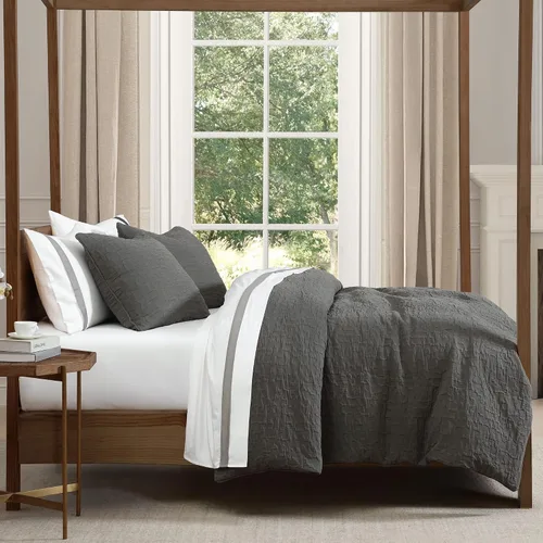 Vista 3 de HiEnd Accents Porto Matelassé - Juego de edredón de 3 piezas con fundas de almohada, tamaño Queen, algodón gris carbón texturizado, moderno