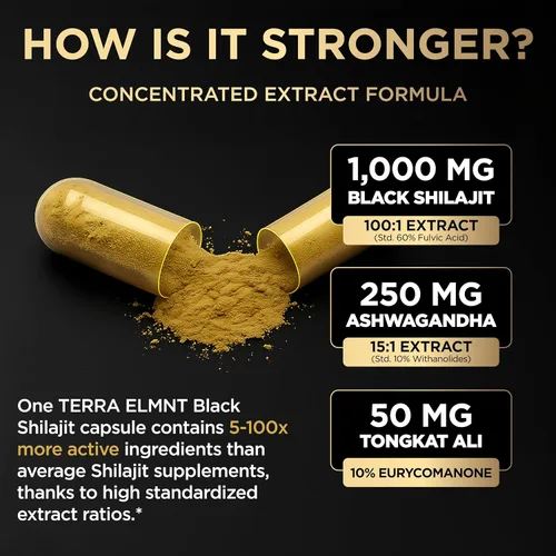 Vista 3 de Shilajit negro de 100 veces de fuerza para hombres con 10% Tongkat Ali y Ashwagandha – Cápsulas de Shilajit de mayor potencia 60% ácido fúlvico puro