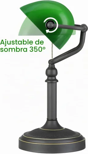 Vista 5 de Lámpara de escritorio de banqueros de vidrio verde antiguo con interruptor de cadena de tracción Enchufe en accesorio verde+negro antiguo