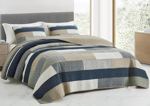Vista 26 de Chezmoi Collection Caleb - Juego de edredón de 2 piezas con diseño floral a cuadros en gris apagado, blanco y marfil, rectangular, prelavado
