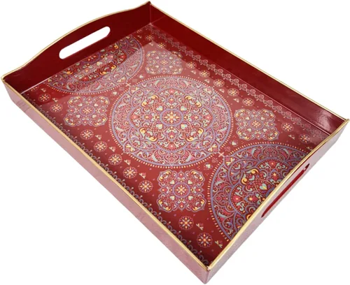 Vista 17 de Bandeja de servir azul con 4 asas, bandeja decorativa de plástico para mesa de café, otomana - Ideal para sala de estar y baño. 15 x 11 x 1.9