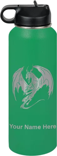 Vista 59 de LaserGram Botella de agua con tapa abatible de doble pared de 12 onzas con pajilla, dragón, grabado personalizado incluido (negro)