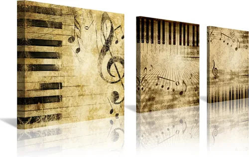 Vista 22 de 3 piezas de lienzo musical para pared, impresiones de notas musicales abstractas, coloridas ilustraciones de ondas sonoras, claves agudas