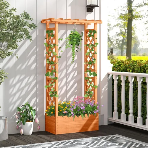 Vista 8 de HAPPYGRILL Cama de jardín elevada con enrejado y techo colgante