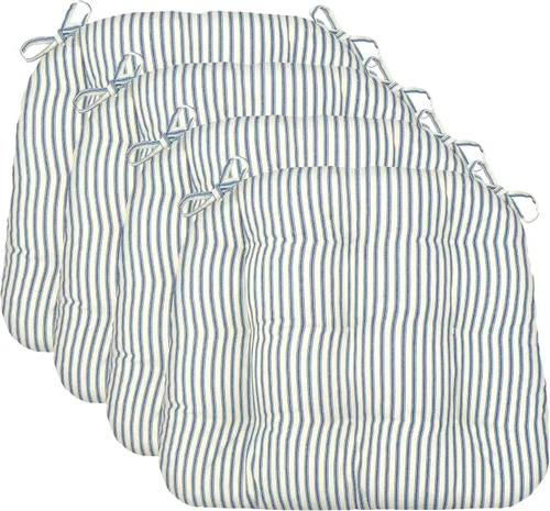 Vista 58 de Barnett Home Decor Ticking Stripe Berlin Blue - Almohadilla para silla de comedor con lazos, tamaño mediano 18, relleno de espuma de látex, lavable