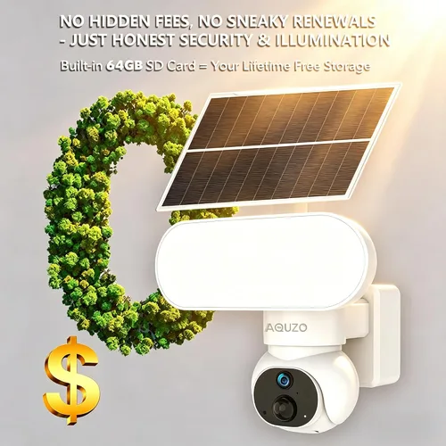 Vista 5 de Cámara de seguridad solar inalámbrica AQUZO, reflector de 1500LM y PTZ 2K Color Night Vision, 64GB SD Included, 2.4G WiFi, Solar+Battery, AI Human