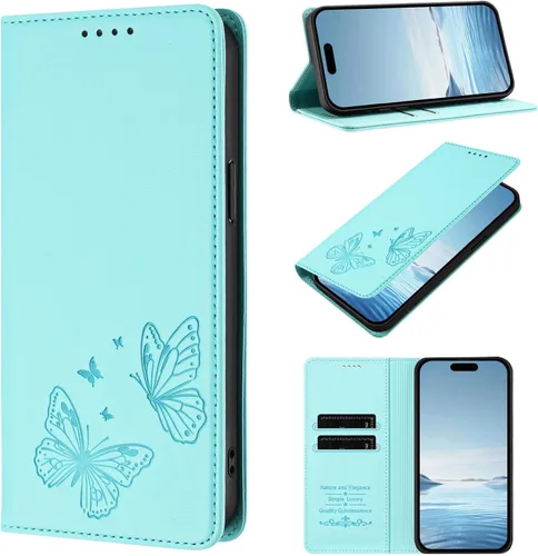 Vista 17 de Butterfly Embossed Leather Wallet Flip Case for Motorola Moto E22i 4G, Magnetic Closure, RFID Blocking Cover, Card Holder Red.