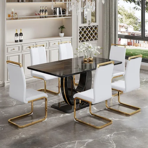 Vista 9 de JUFU Moderno juego de mesa de cocina y comedor, mesa rectangular con parte superior de mármol sintético, 63 pulgadas, color negro, 4 sillas