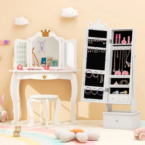 Vista 9 de Costzon Armario de joyería para niños, organizador de joyas de pie de 45 pulgadas con espejo de longitud completa, 3 cajones de almacenamiento