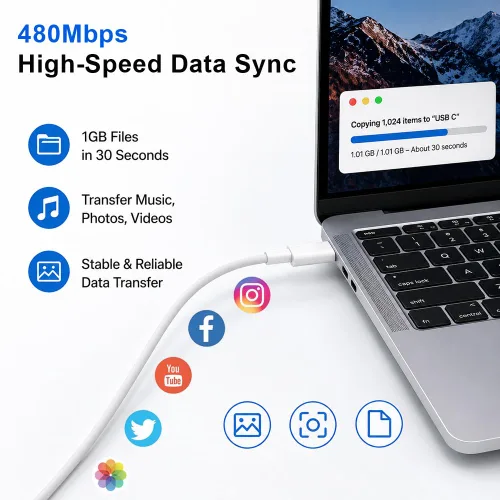Vista 10 de Cable de carga USB C a USB C, cargador rápido de 60 W, paquete de 2 cables