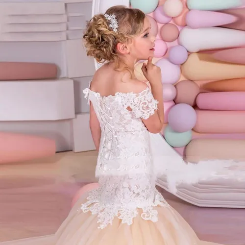 Vista 5 de Vestidos de sirena para niña de flores para boda, encaje blanco, tul champán, vestido de dama de honor con cola