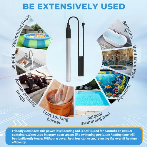 Vista 5 de Calentador de agua de inmersión de 1800W, calentador de piscina eléctrico totalmente sumergible, calentador de bañera de acero inoxidable