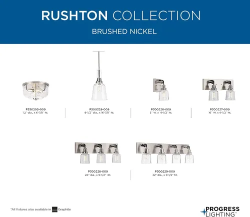 Vista 17 de Progress Lighting Rushton Collection - Lámpara de tocador de baño de cristal transparente (1 lámpara), níquel cepillado