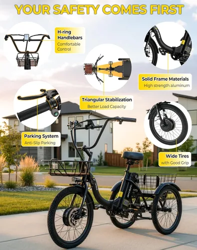 Vista 2 de Skeri Triciclo eléctrico, triciclo eléctrico de 1000 W para adultos, bicicleta eléctrica plegable de 3 ruedas de 20 pulgadas, triciclo E con batería