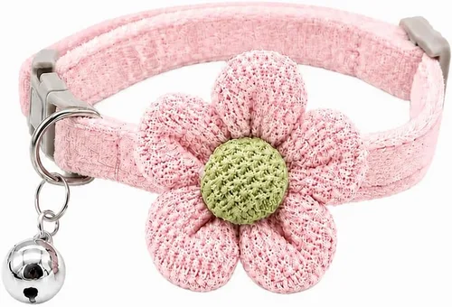Vista 10 de Collar de gato de terciopelo suave con campana, collar ajustable para Rosa (Flower Pink)