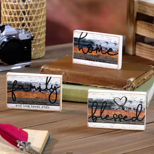 Vista 2 de Jetec 3 piezas de letrero de hogar familiar bendecido en madera rústica, letrero decorativo mini en forma de corazón, decoración en madera