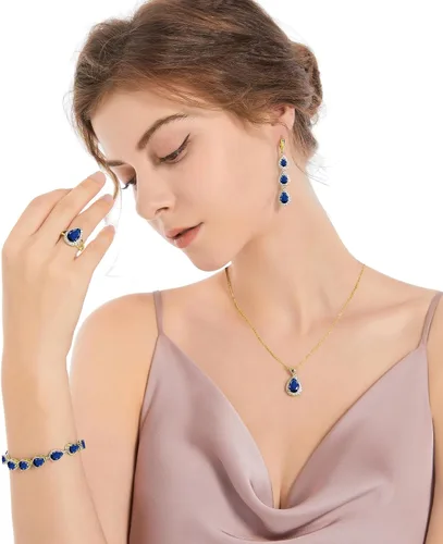 Vista 2 de LMXXVJ Juego de collar y aretes largos, chapados en oro blanco, juego de joyas de zafiro azul creado, joyería de regalo para boda, fiesta, joyería
