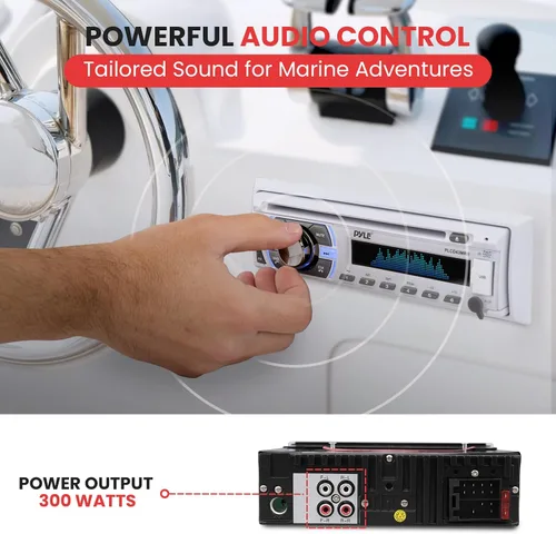 Vista 2 de Pyle Marine - Receptor de audio Bluetooth de 300 W, unidad principal estéreo de un solo DIN para barco, reproductor de CD, transmisión