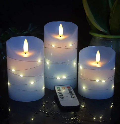 Vista 7 de danip Vela LED sin llama azul cielo con cuerda de luz de estrellas integrada, 3 velas LED, control remoto de 11 teclas, función de temporizador