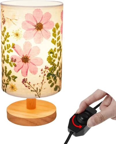 Vista 12 de Lámpara de mesa con flores prensadas, 5 W, LED, 3 temperaturas, flores secas, lámpara de noche, pantalla de lino con base de madera