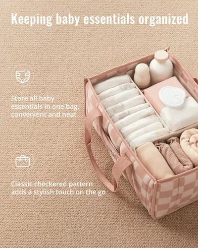 Vista 2 de Blissful Diary Organizador de pañales a cuadros, elegante cesta de almacenamiento para guardería, regalo para baby shower, artículos esenciales