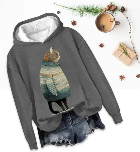 Vista 4 de Sudadera con capucha de moda para mujer, con estampado gráfico de gatoperro, cuello redondo, holgada, 2023, bolsillos de moda, tallas grandes