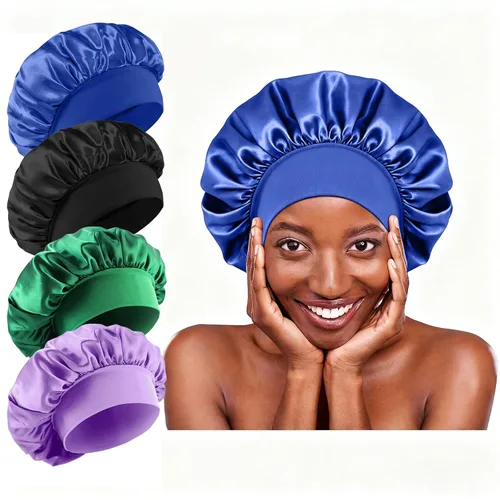 Vista 11 de 4 gorros de satén de seda para dormir, banda ancha elástica para mujeres y hombres, gorros de seda para cabello rizado para dormir