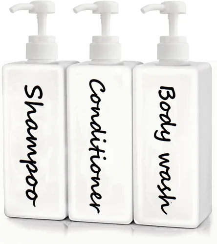 Vista 10 de Dispensador de champú y acondicionador (juego de 3, 21 onzas), moderno y recargable, para jabón de ducha, dispensador de gel corporal vacío para baño