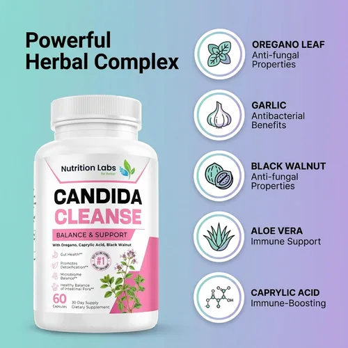 Vista 6 de Suplemento Candida Cleanse para equilibrio y apoyo, desintoxicación de candidasa, mujeres y hombres. Salud intestinal y flora, nivel de pH, salud