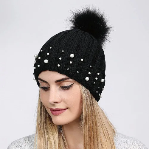 Vista 2 de Topwon Gorro de invierno para mujer con pompón de punto de cráneo, gorro de perlas de moda, gorro cálido