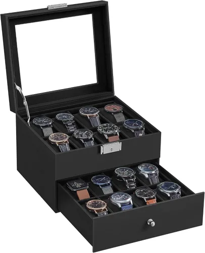 Vista 7 de SONGMICS Caja de reloj de 16 ranuras, caja de reloj con tapa de vidrio, 2 capas, vitrina de reloj con cerradura, cuero sintético negro, forro negro