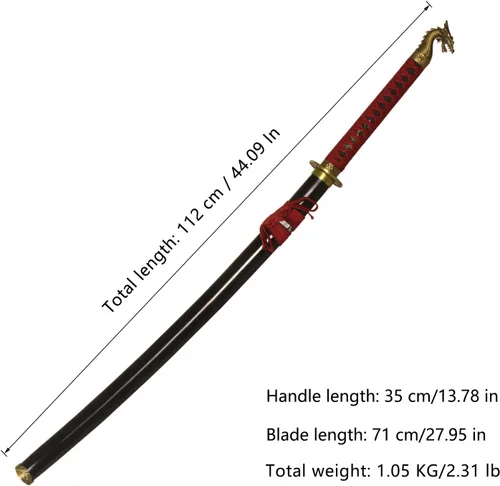 Vista 2 de Espada forjada hecha a mano Samurai Espada Apoyos Katana no afilada Espiga Completa Acero Inoxidable Dragón Rojo/Negro