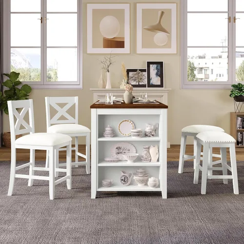 Vista 12 de Juego de mesa de comedor de altura de mostrador, juego de mesa de bar de madera de 5 piezas con mesa de comedor de almacenamiento grande, diseño que