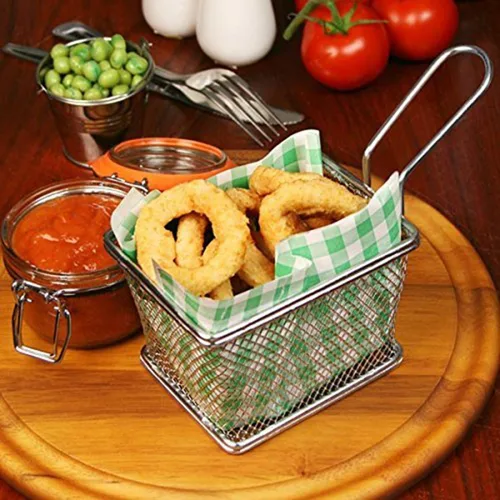 Vista 2 de Mini cesta cuadrada de acero inoxidable, soporte para papas fritas, mesa de comida frita (pequeña 4 pulgadas)